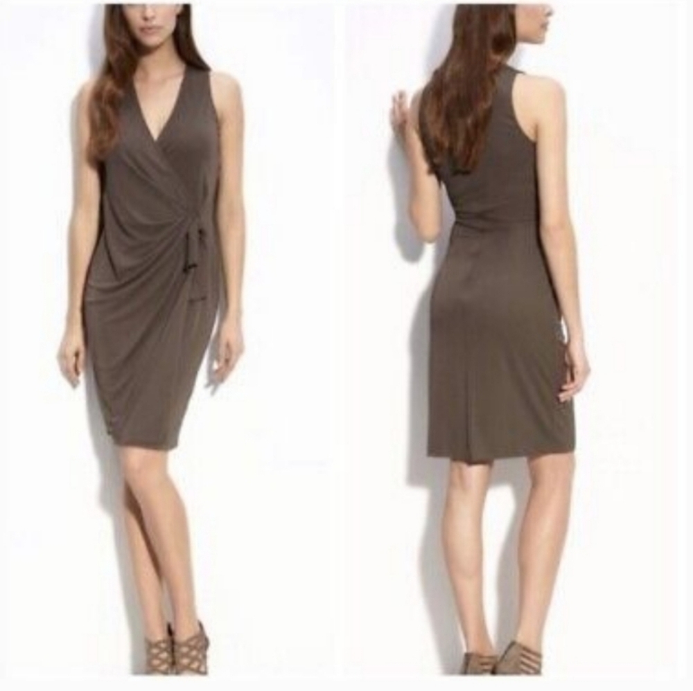 ST. JOHN Illusion Faux Wrap Front Tie V Neck Slate Color Dress Size 4